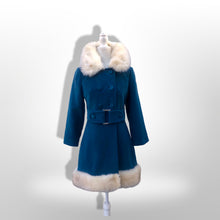 Load image into Gallery viewer, 60’s 70’s Velveteen Blue Coat Vegan Faux Fur Belted