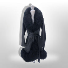 Load image into Gallery viewer, Vintage 60’s 70’s LIlli Ann Made in UK Black Leather Shearling Princess Boho Fit and Flare Coat Pinup