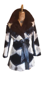 Vintage Women's Coat- Mod Dramatic 60s Cross Mink White Black Leather Mosaic Geometric Princess Jacket Coat
