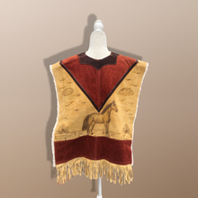 Load image into Gallery viewer, 70’s Suede Poncho Cape Equestrian Serape with Carved Horse Scene Mint Condition Fringe Border One Size Fits All Cowboy Cowgirl Unisex Southwestern Mexican Native Boho One of A Kind