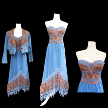 Load image into Gallery viewer, 80’s Vintage Three Piece Jean and Lace Skirt Bustier and Jacket Beaded and Embroidered Cowgirl Cowboy Beyoncé Style