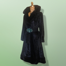 Load image into Gallery viewer, 60s 70s Black Faux Fur Faux Persian Lamb Princess Coat Jeweled Belt Russian Princess M/L Boho