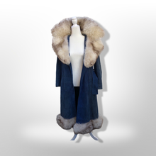 Load image into Gallery viewer, 1970’s Vintage Blue Suede and Fox Fur Belted Bohemian Boho Chic Princess Hippy Burning Man Coachella Festival Fall Winter Coat