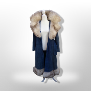 1970’s Vintage Blue Suede and Fox Fur Belted Bohemian Boho Chic Princess Hippy Burning Man Coachella Festival Fall Winter Coat