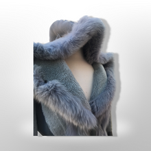 Load image into Gallery viewer, Gray Blue Suede Shearling Hooded Flare Bell Sleeve Coat