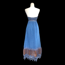 Load image into Gallery viewer, 80’s Vintage Three Piece Jean and Lace Skirt Bustier and Jacket Beaded and Embroidered Cowgirl Cowboy Beyoncé Style