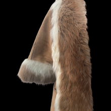 Load image into Gallery viewer, Vintage Camel Suede Tan Duster Coat with Genuine Fur Tuxedo and Cuffs in Natural Color