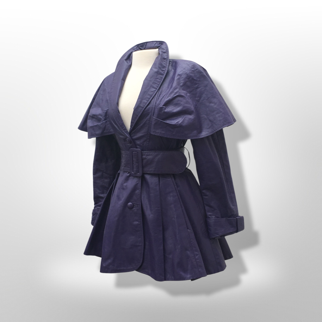 Rare Vintage Women's Coat- 70s 80s Purple Violet Leather Trench Dress Coat Jacket Studio 54 Fit Flare Spy Length 3/4 Princess Price: Rare Vintage Women's Coat- 70s 80s Purple Violet Leather Trench Dress Coat Jacket Studio 54 Fit Flare Spy Length 3/4 Princess Price: