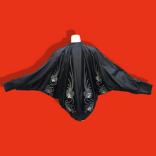 Load image into Gallery viewer, Vintage Glam 80’s Couture Neiman Marcus Leather Dolman Batwing Cocoon Black Leather Suede Hand Beaded Sequined Jacket Studio 54 80’s Iman Style One Size Fits Most