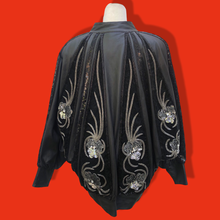 Load image into Gallery viewer, Vintage Glam 80’s Couture Neiman Marcus Leather Dolman Batwing Cocoon Black Leather Suede Hand Beaded Sequined Jacket Studio 54 80’s Iman Style One Size Fits Most