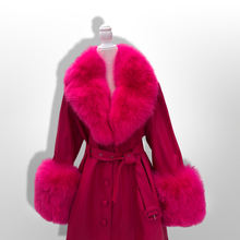 Load image into Gallery viewer, Vibrant Pink Leather and Fox Fur Trench Fit and Flare Pinup Coat