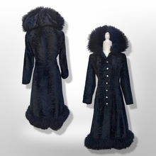 Load image into Gallery viewer, 70’s Vintage Black Princess Shearling and Faux Astrakhan Lamb Fabric hooded Fit and Flare Boho