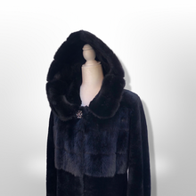Load image into Gallery viewer, Jet Black Hooded Mink and Shearling Luxury Coat with Rhinestone Button