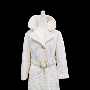 Vintage Robert Meshekoff Faux Persian Lamb Astrakhan White Belted Full Length Double Breasted Coat