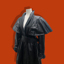 Load image into Gallery viewer, Vintage GLAM 80’s 90’s Rare Leather Long Cape Coat 38”Bust with Wide Belt Fitted and Flared Studio 54 Couture Super Model Runway The Matrix Goth SuperGlam