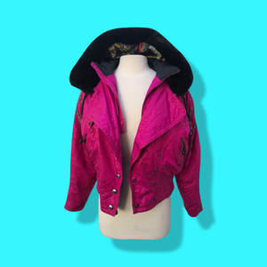 80’s 90’s Hot Pink Hooded Ski Windbreaker Jacket Cropped Tapered Waist Southwestern Aztec Trim