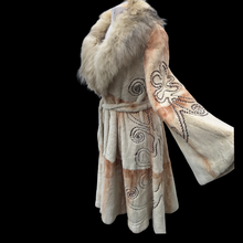 Load image into Gallery viewer, Embroidered Mocha Cream Colored Ombré Sheared Fur Beaver Princess Coat with Crystal Accents Full Skirt and Flared Bell Sleeves Wearable Work of Art One of A Kind