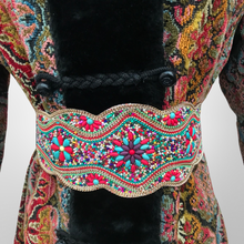 Load image into Gallery viewer, Vintage Hooded Tapestry Carpet Needlepoint Multi Color Rich Coat with Faux Fur Trim and Beaded Belt Boho Princess Boho Chic