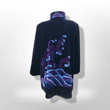 Load image into Gallery viewer, Black Fur Sheared Beaver Coat Made full pelts with Blue And Purple Ocean Scene Intarsia Made in Canada Nordstrom New Yorker Zuki