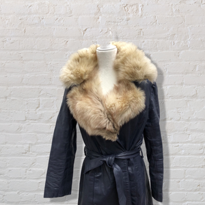 70’s Navy Leather Coat Trench Spy with Fox Fur Collar