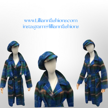 Load image into Gallery viewer, Made in Scotland Scottish Pure Mohair and Wool Plaid Coat Hat Scarf Three Piece Set Blue Yellow Wrap Style