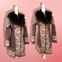 Load image into Gallery viewer, Vintage Deadstock Embroidered Pink Floral Brown Suede and Mongolian Lamb Coat Small Petite