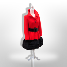 Load image into Gallery viewer, Women's Vintage Lilli Ann Coat- Lipstick Red Orange Bright 60's Mod Wool Thick Tiered Black Fox Fur Trim Fit Flare Princess Small Pinup