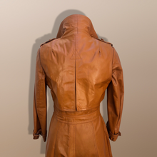 Load image into Gallery viewer, 70’s Vintage Two Piece with Removable Vest with Coat Leather Caramel Colored Trench Spy Coat Belted