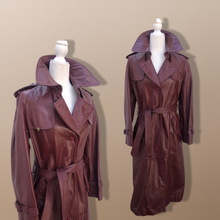Load image into Gallery viewer, 70’s Leather Spy Trench Coat Oxblood Maroon Deep Bergundy Color