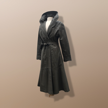 Load image into Gallery viewer, Italian Leather Coat Full Length Scalloped Collar Fit Flare Princess Belted