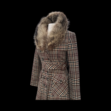 Load image into Gallery viewer, Vintage Tweed Plaid Coat with Fur Collar Fitted Flared Wool Petite