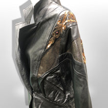 Load image into Gallery viewer, 80’s Black Leather Jacket Glam Gold Beaded and Embroidered Studio 54 David Bowie Style Dolman Sleeve