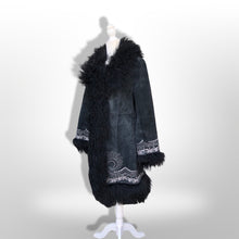 Load image into Gallery viewer, Vintage Black Suede Embroidered Mongolian Lamb Shearling Coat 38” Bust Penny Lane Boho