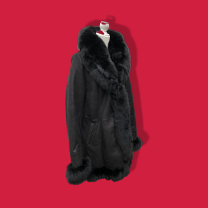New Black Suede Shearling Lined Fox Fur Trim Luxury Coat