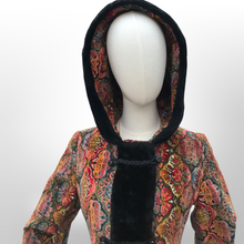 Load image into Gallery viewer, Vintage Hooded Tapestry Carpet Needlepoint Multi Color Rich Coat with Faux Fur Trim and Beaded Belt Boho Princess Boho Chic