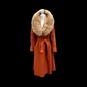 70’s Vintage Wrap Coat in Fall Autumnal Orange Fit and Flare Princess Wool and Shearling