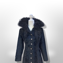 Load image into Gallery viewer, 70’s Vintage Black Princess Shearling and Faux Astrakhan Lamb Fabric hooded Fit and Flare Boho