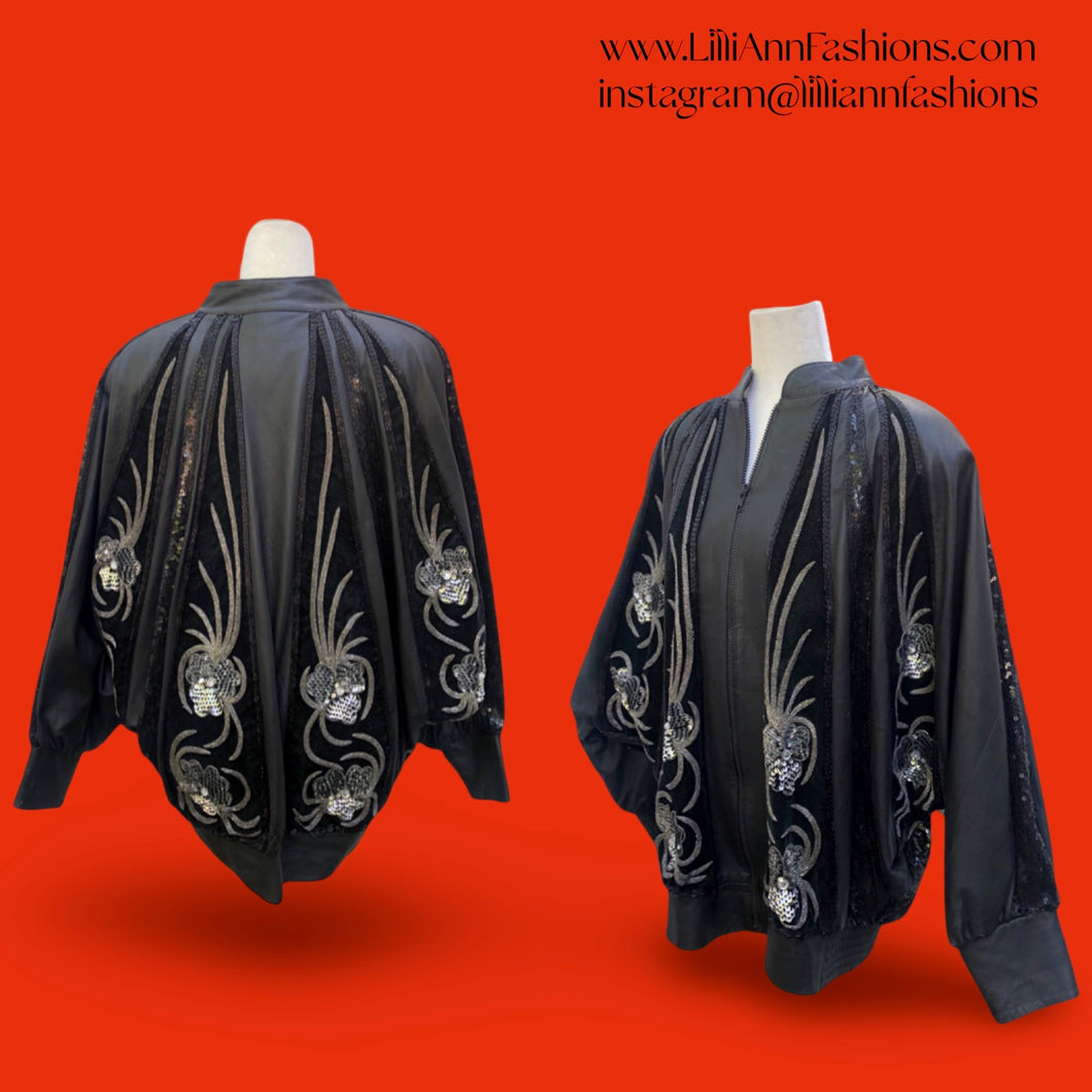 Vintage Glam 80’s Couture Neiman Marcus Leather Dolman Batwing Cocoon Black Leather Suede Hand Beaded Sequined Jacket Studio 54 80’s Iman Style One Size Fits Most