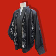 Load image into Gallery viewer, Vintage Glam 80’s Couture Neiman Marcus Leather Dolman Batwing Cocoon Black Leather Suede Hand Beaded Sequined Jacket Studio 54 80’s Iman Style One Size Fits Most