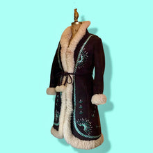 Load image into Gallery viewer, Vintage Coat- 70s Afghan Embroidered Turquoise Blue Sheep Shearling Sheepskin Suede Penny Lane Princess Coat Fit Flare S M Boho Hippy