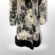 Load image into Gallery viewer, 70’s Tapestry Carpet Floral Black and White Coat with Black Shearling Trim Penny Lane Boho Hippy Chic