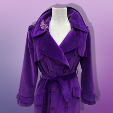 Load image into Gallery viewer, Vintage 70’s Calvin Klein Violet Royal Purple Velvet Full Length Coat Trench Coat Spy Coat