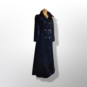 60's 70's Black Raised Velvet Coat Fit and Flare Victorian Gothic Double Breasted Full Length Princess