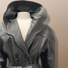 Load image into Gallery viewer, Italian Leather Coat Full Length Scalloped Collar Fit Flare Princess Belted
