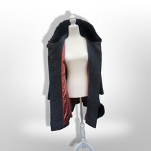 Load image into Gallery viewer, 60’s Vintage Black Wool Coat Fur Trim Sewn in Matching Belt