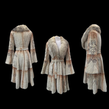 Load image into Gallery viewer, Embroidered Mocha Cream Colored Ombré Sheared Fur Beaver Princess Coat with Crystal Accents Full Skirt and Flared Bell Sleeves Wearable Work of Art One of A Kind