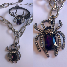 Load image into Gallery viewer, Purple Spider Necklace and Bracelet Set Rhinestone Glass Metal Betsey Johnson Halloween Insect Bug Love