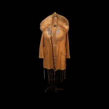 Load image into Gallery viewer, 70s Vintage Women&#39;s Coat Caramel Leather Huge Red Ombre Fox Fur Fit Flare Studio 54 Small to Large