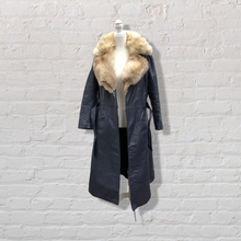 Load image into Gallery viewer, 70’s Navy Leather Coat Trench Spy with Fox Fur Collar