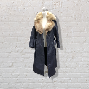 70’s Navy Leather Coat Trench Spy with Fox Fur Collar